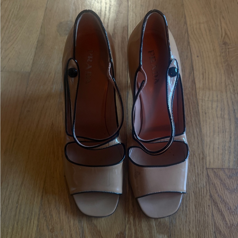 Prada Beige Patent Leather Open-Toe Slingback Pumps with Black Trim